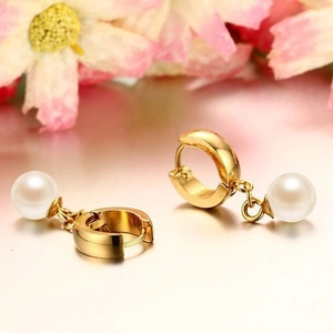 Elegant 8mm pearl drop earrings with polished gold-plated stainless steel hoops