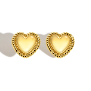 Polished 18K gold heart stud earrings with vintage rope edge design on white background