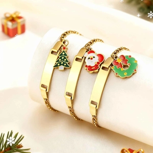 Golden stainless steel adjustable bracelets with engravable plates and Christmas pendants