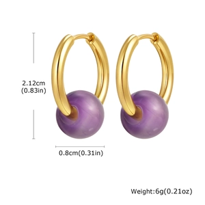 French style gold titanium steel hoop earrings featuring round purple amethyst beads