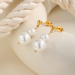 Boucles D'Oreilles Pendantes Double Künstliche Perle Avec Tige En Acier Inoxydable Plaque Or Künstliche Perle D'Imitation Verticale Élégant