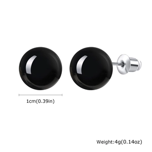 Detailed size chart of 10mm round black onyx stud earrings with 4g weight specification
