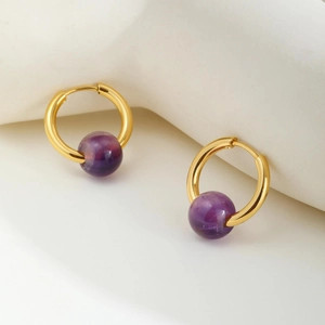 French Style 18K Gold Plated Brass Hoop Earrings With Purple Amethyst Artificial Crystal Beads Stainless Steel Post For Women