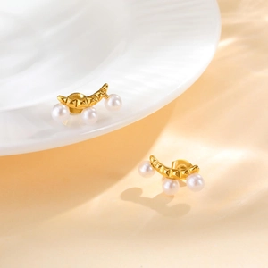 French Vintage Curved Stud Earrings Brass 18K Gold Plated With Imitation Artificial Pearl And Stainless Steel Earring Post