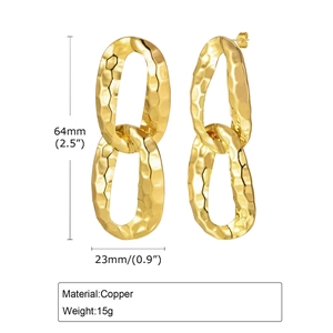 Hammered copper geometric oval link drop earrings in gold finish with size dimensions