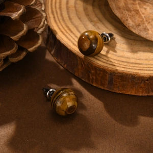 Detail of round tiger eye stud earrings with silver pins on a natural autumn background