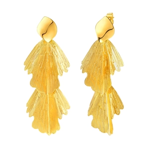 Elegant 18K gold-plated double-layer leaf earrings with polished vertical stripe texture