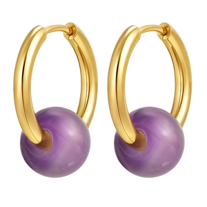 French style gold titanium steel hoop earrings with amethyst beads in a minimalist design