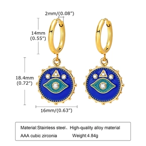 Golden stainless steel evil eye drop earrings with blue enamel and AAA zircon stones