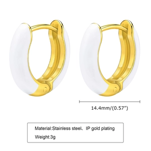 Detail of stainless steel C-hoop earring with IP gold plating and white enamel finish