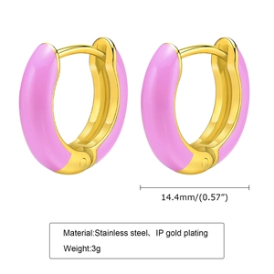 Macro shot of pink enamel gold earrings with weight and size details for women