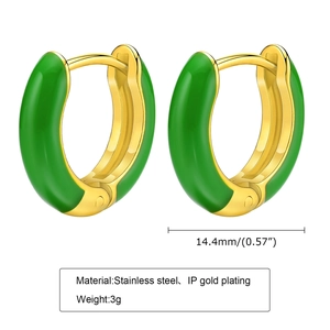 Detail of 14.4mm green enamel and IP gold plated stainless steel huggie earrings