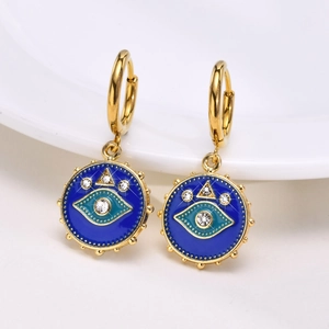 Gold stainless steel evil eye drop earrings with blue enamel and sparkling crystal accents