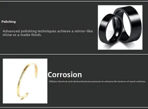 Comparison showing polishing and etching details on stainless steel jewelry and bracelet