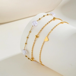 Cavigliera Minimalista in Acciaio Inossidabile per Donna Placcata Oro Argento con Perla Artificial Barocca e Ciondolo a Cuore Gioielli da Spiaggia