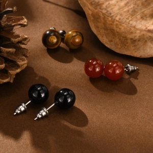 Natural Tiger Eye Stone Agate Round Bead Stud Earrings With 925 Sterling Silver Earring Post For Women Men Vintage Jewelry
