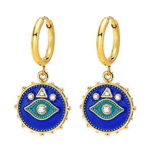 Gold-plated stainless steel evil eye drop earrings with blue enamel and crystals