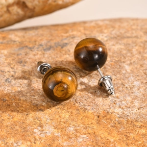 Polished natural tiger eye stone ball stud earrings with stainless steel pins