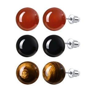 Three pairs of natural agate and tiger eye stone stud earrings with stainless steel pins