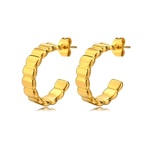 Golden C-shaped stainless steel earrings with elegant wave texture and metallic luster