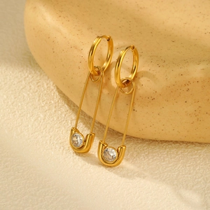 Mode 18K Vergoldet Messing Sicherheitsnadel Ohrhänger Für Damen Edelstahl Stift Zirkonia Eingelegt Schmuck Geschenk
