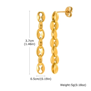 Detail showing dimensions of 3.7cm long gold tassel earrings with coffee bean chain links