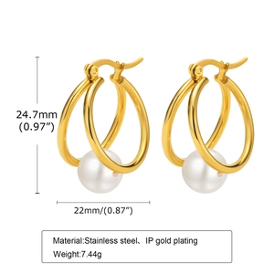 Golden stainless steel hoop earrings with white pearls and IP gold plating for women