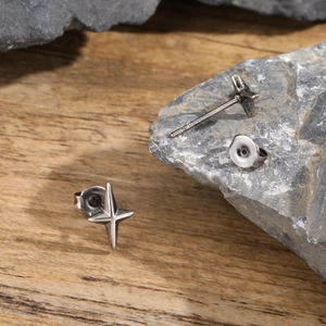 Detailed close-up of punk style stainless steel star stud earrings on natural stone