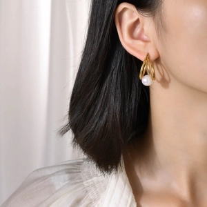 Elegant Nested Circle Hoop Earrings Gold Plated Stainless Steel Faux Artificial Pearl Jewelry For Women Daily Office Party Wear