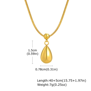 Macro shot of gold teardrop pendant necklace with snake chain and size specifications