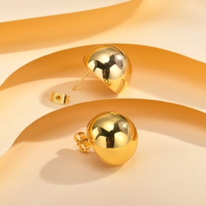 Polished golden dome stud earrings for women with high-gloss metallic mirror finish