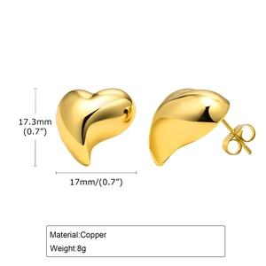 Polished copper heart stud earrings in gold finish with dimensions 17mm x 17.3mm