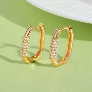 Women Gold Geometric Huggie Earrings 925 Sterling Silver Post Pave Zirconia Elongated Hexagon U-Shaped Hoop Earrings Jewelry