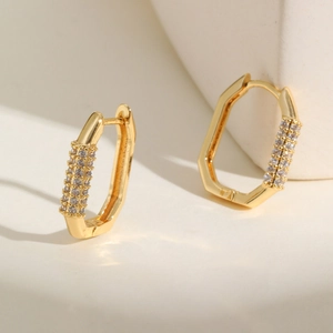 Elegant gold-plated geometric hexagonal hoop earrings with clear pave zircon inlay