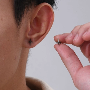 Men's punk stainless steel four-pointed star stud earrings in dark grey metal finish