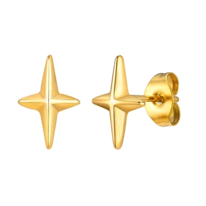 Polished golden four-pointed star stud earrings for men in punk style stainless steel