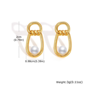 Detailed view of gold knot earrings with drop frame and white pearl showing dimensions