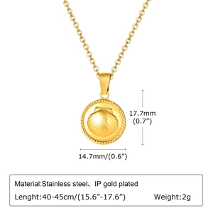 Detail view of round shell pendant in gold-plated stainless steel with size dimensions