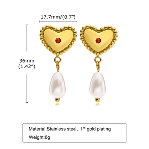 Gold stainless steel heart earrings with red zircon and teardrop pearl drops, 36mm height