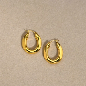 Chunky U-Shaped Hoop Earrings For Women Stainless Steel Earring Post 18K Gold Plated Oval Geometric Personal Trend Jewelry