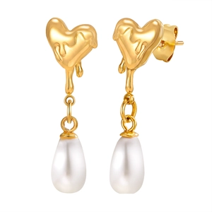 Boucles d'oreilles cœur en acier inoxydable doré avec perles en forme de goutte