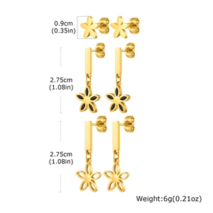 Detailed view of three-piece golden flower earring set with size and weight dimensions