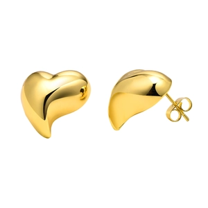Polished gold heart stud earrings for women with a 3D mirror finish and classic butterfly back