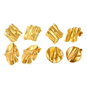 Set of four gold stainless steel geometric wavy earrings with pleated texture