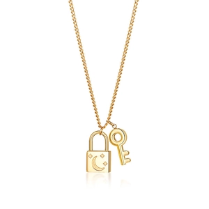 Élégant collier en acier inoxydable doré avec pendentifs cadenas lune étoile et clé