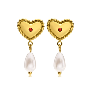Golden heart earrings with red zircon and drop pearl pendants on a white background