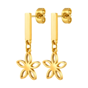 Detail view of golden flower drop earrings with polished rectangular studs in three-piece set
