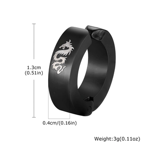 Black stainless steel clip-on hoop earring for men featuring a silver dragon engraving