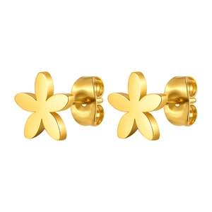 Detailed macro view of golden five-petal flower earrings with polished metallic finish