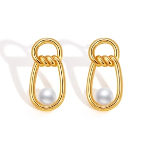 Elegant gold infinity knot earrings with round white pearls in a teardrop dangle design